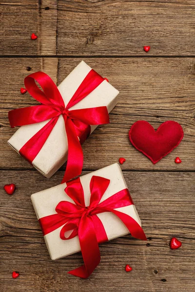 Valentine Greeting Card Background Gift Boxes Red Ribbons Assorted Hearts — Stock Photo, Image