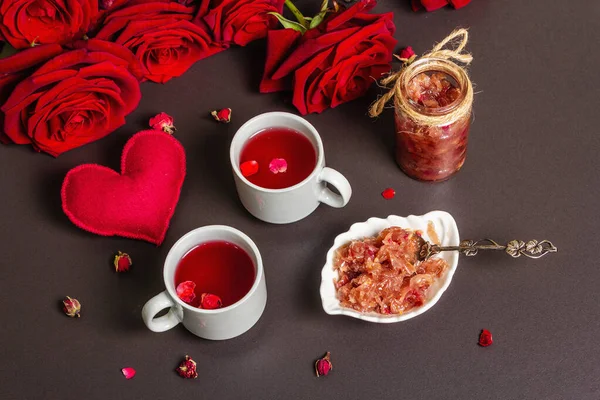 Thé Avec Confiture Pétales Rose Boisson Chaude Pour Les Amoureux — Photo