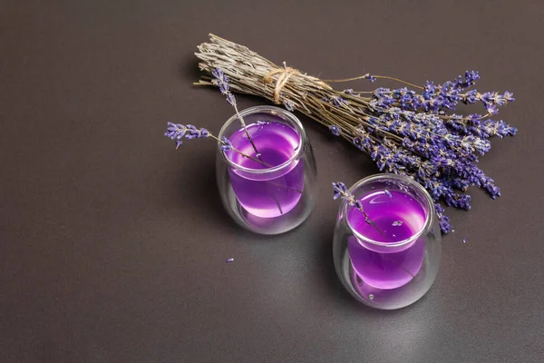 Fresh Lavender Violet Cocktail Black Stone Concrete Background Drinking Glasses — Stock Photo, Image
