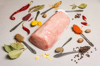 Çiğ domuz filetosu ve çeşitli baharatlar. Taze et, kaşıkta aromatik toz. Hafif taş arkaplan, kapat