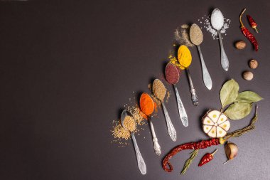 Siyah taş arka planda çeşitli baharatlar, kuru otlar ve sebzeler. Sağlıklı gıda hazırlama konsepti, metin için yer