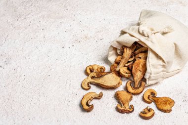Orman, keten çuvalında kurutulmuş yenilebilir mantar. Susuz dilimler, sağlıklı yemek pişirmek için nefis malzemeler. Açık renk alçı arkaplan, alanı kopyala