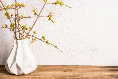 Beyaz seramik bir vazoda, taştan bir arka planda, çalı çırpı dalları açıyor. Bahar, Paskalya ve iyi ruh hali konsepti, metin için yer
