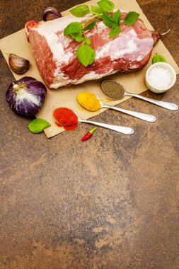 Çiğ domuz eti, donmuş et. Paprika, karabiber, zerdeçal, sarımsak, fesleğen ve deniz tuzu. Taş beton zemin, üst görünüm