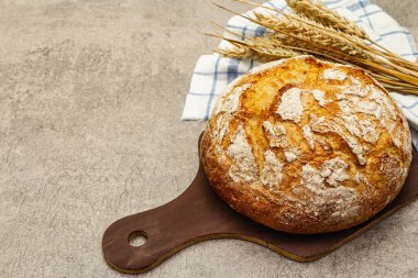 Buğday kulaklı taze ekmek ve kaliteli keten peçete. Gri taş beton zemin, kopyalama alanı