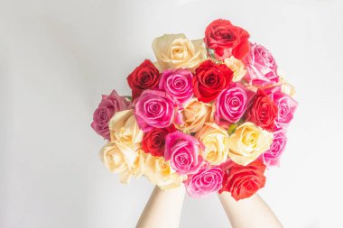 Kadının elleri çok güzel bir buket taze renkli gül tutuyor. Beyaz arkaplanda izole edilmiş çiçek bileşimi. Kutlama kartı konsepti