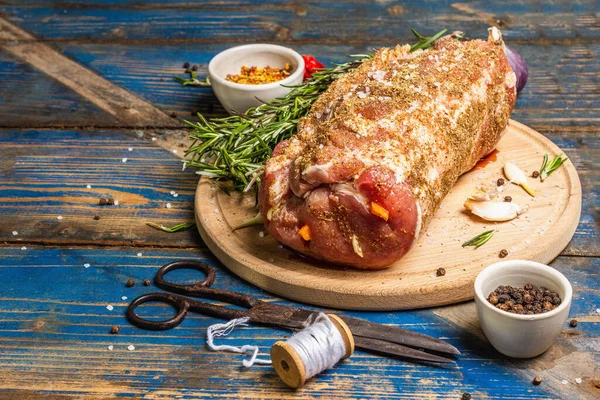 Raw Pork Roll Stuffed Garlic Carrots Fresh Meat Ready Roasting — Stock Photo, Image