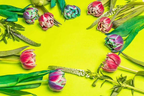 珍しい多色のチューリップの花束 新鮮な花 休日のギフトの概念 明るい緑の背景 テキストのための場所 — ストック写真