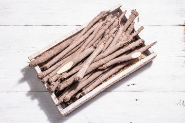 Bir demet çiğ Scorzonera ya da İspanyol tuzlusu. Modern sebzeler, sağlıklı yiyecekler, şeker hastaları için uygun. Modaya uygun sert bir ışık, karanlık bir gölge, ahşap arka plan, üst manzara.