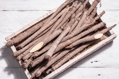 Bir demet çiğ Scorzonera ya da İspanyol tuzlusu. Modern sebzeler, sağlıklı yiyecekler, şeker hastaları için uygun. Modaya uygun sert bir ışık, karanlık bir gölge, ahşap arka plan, üst manzara.