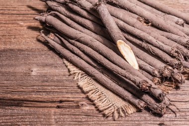 Heap of raw unpeeled Scorzonera or Spanish salsify. Modern vegetables, healthy food, suitable for diabetics. A trendy hard light, dark shadow, wooden table, top view clipart
