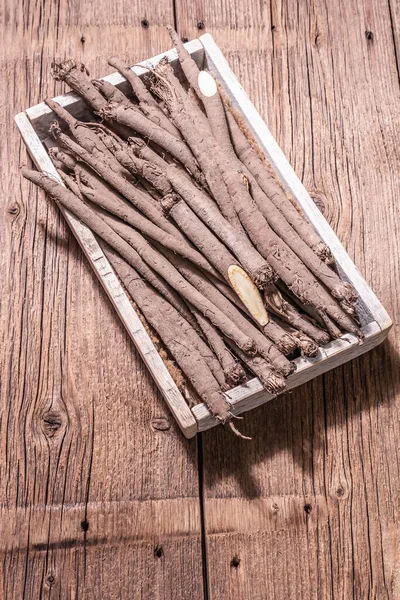 Raw Scorzonera Spanish Salsify Crate Modern Vegetables Healthy Food Suitable — Stock Photo, Image