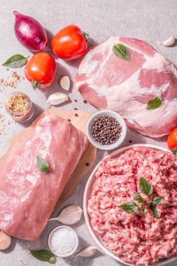 Çiğ domuz eti, farklı kesim. Taze hayvan proteini, kıyma, baharat, sebze. Modaya uygun sert ışık, karanlık gölge. Taş beton zemin, üst görünüm