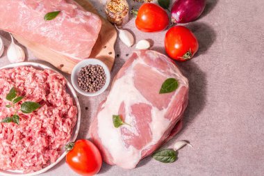Çiğ domuz eti, farklı kesim. Taze hayvan proteini, kıyma, baharat, sebze. Modaya uygun sert ışık, karanlık gölge. Taş beton zemin, üst görünüm