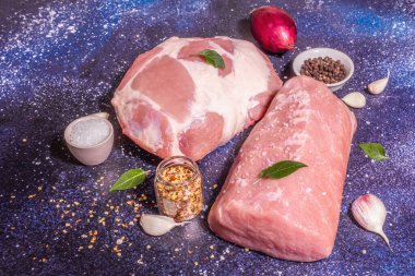 Çiğ domuz eti, farklı kesim. Taze hayvan proteini, baharatlar, sebzeler. Modaya uygun sert ışık, karanlık gölge. Kozmik taş arkaplan, kopyalama alanı