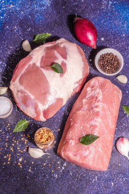 Çiğ domuz eti, farklı kesim. Taze hayvan proteini, baharatlar, sebzeler. Modaya uygun sert ışık, karanlık gölge. Kozmik taş arkaplan, üst görünüm