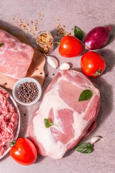 Carne Maiale Cruda Assortita Parte Diversa Tagliata Proteine Animali Fresche — Foto Stock