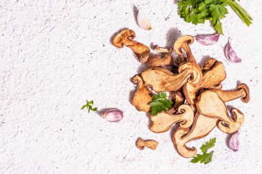 Kurutulmuş mantar Boletus edulis (Penny bun, Cep, Porcini) dokulu alçı arka planda. Vejetaryen (vejetaryen) sağlıklı yiyecekler için. Modaya uygun bir aydınlık, karanlık gölge, üst manzara.