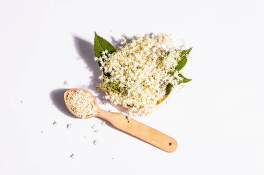 Beyaz arka planda taze mürver çiçekleri. Sağlıklı gıda konsepti için. Modern sert ışık, karanlık gölge