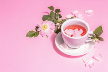 Gül kalça çiçekleri çayı. Yaz vitamini içeceği, sert ışık, karanlık gölge. Pembe pastel arkaplan, boşluğu kopyala