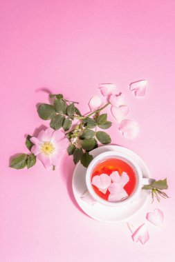 Gül kalça çiçekleri çayı. Yaz vitamini içeceği, sert ışık, karanlık gölge. Pembe pastel arkaplan, üst görünüm