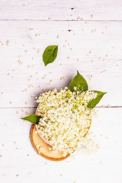 Свіжі Квіти Бузини Інгредієнт Здорового Харчування Фон Старих Білих Дерев — стокове фото