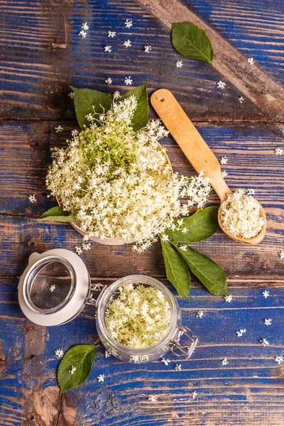 Färska Fläderbär Blommor Ingrediens För Hälsosam Mat Koncept Blå Vintage — Stockfoto