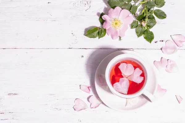 Rózsaszín Csípővirágokból Készült Tea Nyári Vitamin Ital Kemény Fény Sötét — Stock Fotó