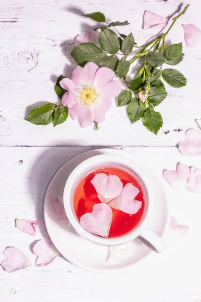 Gül kalça çiçekleri çayı. Yaz vitamini içeceği, sert ışık, karanlık gölge. Beyaz ahşap arkaplan, üst görünüm