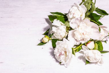 Bir buket taze beyaz şakayık. Yaz narin çiçekleri, romantik hediye konsepti. Çiçek aranjmanı, modaya uygun sert ışık, karanlık gölgeler. Beyaz eski tahtalar arka plan