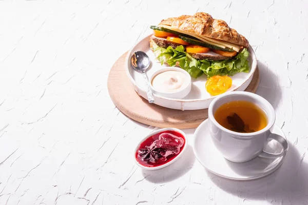 Healthy Breakfast Concept Morning Good Mood Tea Croissant Strawberry Jam — Stock Photo, Image