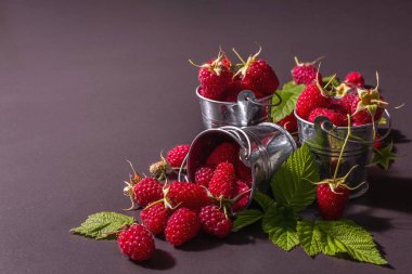 Siyah taştan bir arka planda olgun ahududular. Küçük kovalar, taze yapraklar, yeni hasat. Modaya uygun sert ışık, karanlık gölgeler, metin için yer