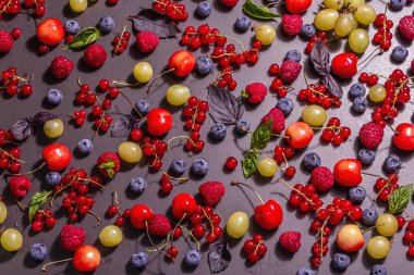 Değişik olgun meyveler, siyah bir taşın üzerine serpiştirilmiş. Taze ahududu, yabanmersini, üzüm, tatlı kiraz ve kırmızı frenk üzümü. Modern sert bir ışık, karanlık bir gölge, metin için bir yer