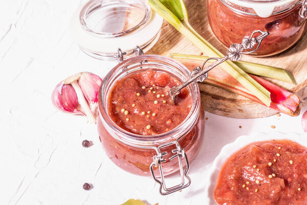 Chutney from rhubarb. Set of ingredients and spices for cooking. White putty background, close up