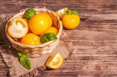 Taze fesleğenli olgun sarı domatesler. Hasat sepetindeki yeni sebzeler. Eski tahta tablo, kopyala alanı