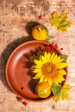 Sonbahar kompozisyonu. Masa seti, ayçiçeği, kırmızı böğürtlen ve balkabağı. Neşeli ruh hali arka plan, üst görünüm