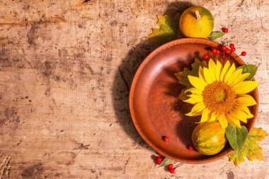 Sonbahar kompozisyonu. Masa seti, ayçiçeği, kırmızı böğürtlen ve balkabağı. Neşeli ruh hali arka plan, üst görünüm