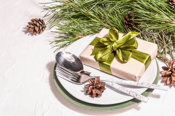 Christmas Festive Table Setting New Year Zero Waste Gift Concept — Stock Photo, Image