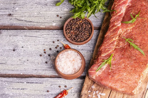 Piece Raw Pork Loin Marinated Fresh Meat Spices Chili Greens — Stock Photo, Image