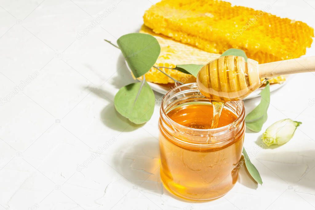 Honeycomb, honey, and beeswax. Natural organic beekeeping products for a healthy and beautiful lifestyle. Hard light, dark shadow, white plaster background, copy space