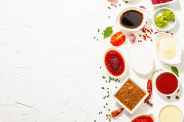 Farklı soslar - ketçap, mayonez, barbekü, soya, turşu, wasabi, adjika, yaban turpu, aioli, marinara. Modaya uygun sert ışık, karanlık gölge. Beyaz macun arkaplan, üst görünüm