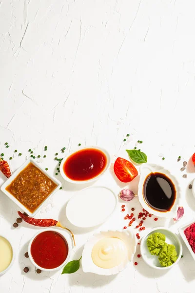 Conjunto Diferentes Salsas Ketchup Mayonesa Barbacoa Soja Chutney Wasabi Adjika — Foto de Stock