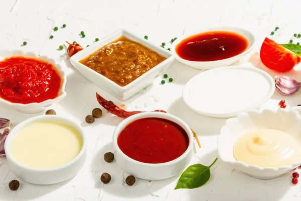 Set Different Sauces Ketchup Mayonnaise Barbecue Soy Chutney Wasabi Adjika — Stock Photo, Image
