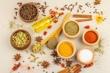 Köri pişirmek için bir çift baharat. Aromatik baharatlar: zerdeçal, paprika, kakule, tarçın, yıldız anason, kırmızı biber, kuru otlar, tuz. Hafif taş arkaplan, üst görünüm