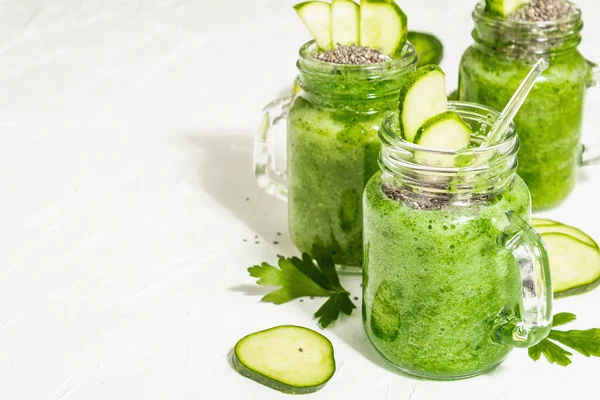 Green Smoothie Cucumber Glass Jar Fresh Ripe Vegetables Greens Chia — Stock Photo, Image