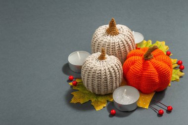 Örülmüş balkabakları, mumlar, yapraklar ve geleneksel dekorlarla sonbahar kompozisyonu. Modaya uygun sert ışık, karanlık gölge. Gri mat arkaplanı, kopyalama alanı