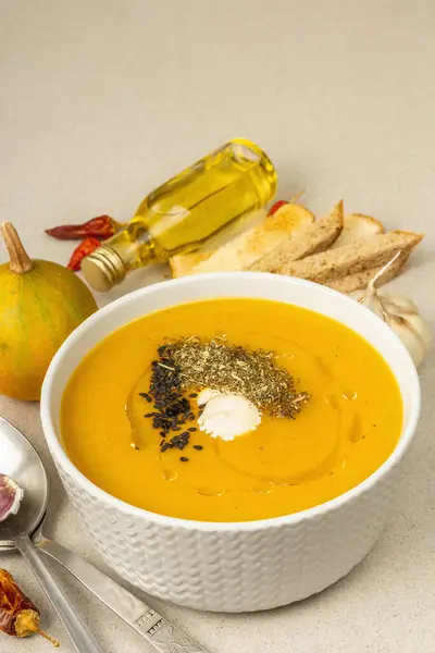 Pumpkin Cream Soup Traditional Autumn Food Hot Dish Ripe Vegetables — Stock Photo, Image