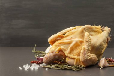 Tamamen serbest tavuk kümes hayvanı. Organik tarım gıdaları, sağlıklı gıda hazırlamak için geleneksel malzemeler. Çiğ et, baharat ve otlar siyah taş arka planda beton, kopyalama alanı