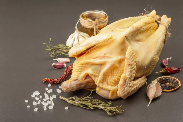 닭이야 유기농 음식은 준비를 전통적 재료입니다 콘크리트 날고기 향신료 — 스톡 사진