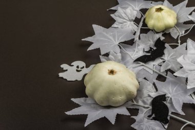 Cadılar Bayramı konsepti Hayalet gibi beyaz akçaağaç yaprakları dalda, balkabağım. Siyah taş zemin üzerine geleneksel bayram dekoru, kopyalama alanı